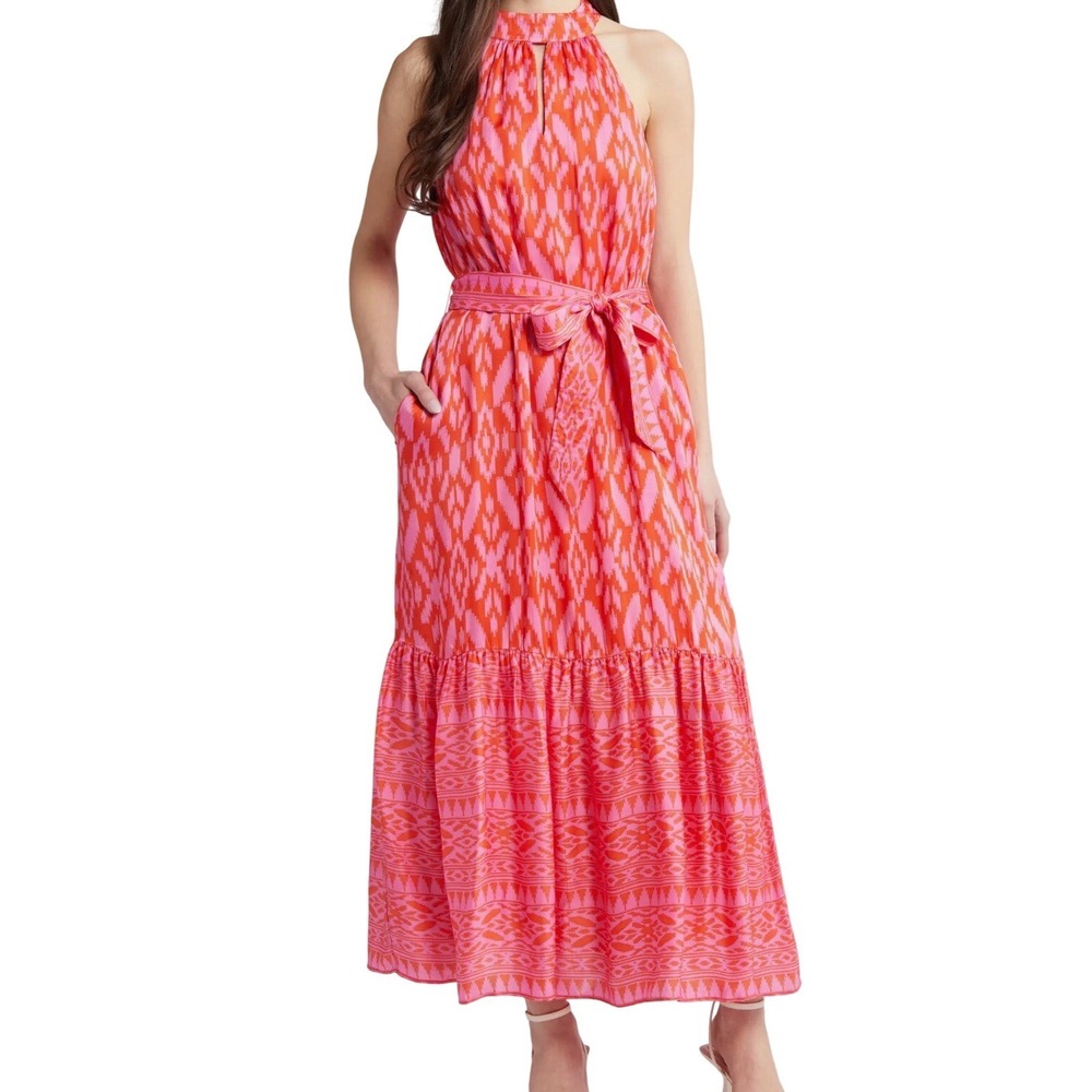 Cleobella Janice Ankle Dress S Pink Orange Jaipur Ikat Print‎ Silk Halter Maxi